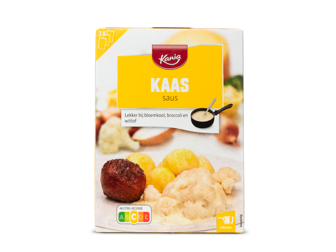 Kania kaassaus verpakking: lekker bij bloemkool, broccoli en witlof.