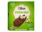 Gelatelli picolés de pistache cobertos com chocolate ao leite e pedaços de pistache.