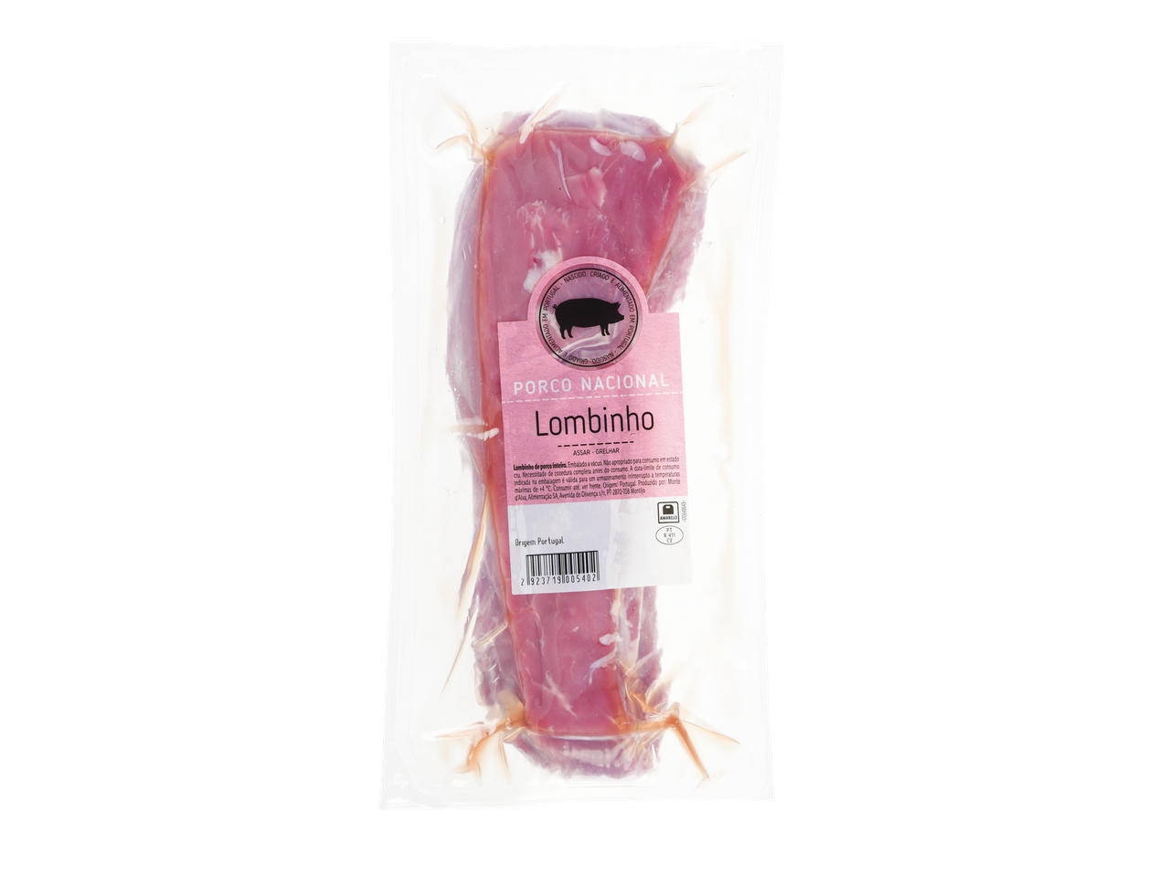 Lombinho de porco embalado a vácuo da marca Porco Nacional.