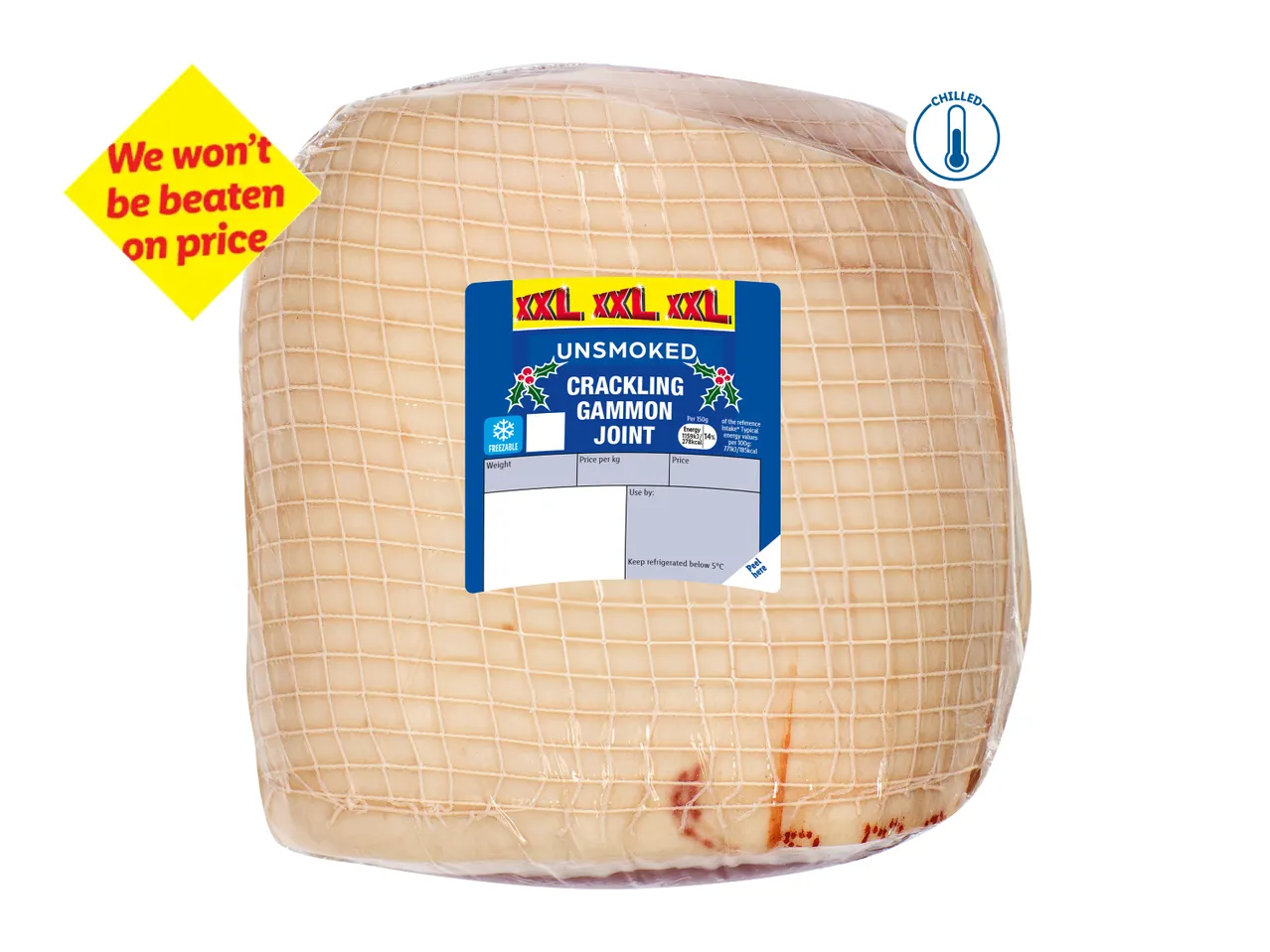 XXL Unsmoked Crackling Gammon Joint, chilled and freezable, with a price guarantee.
