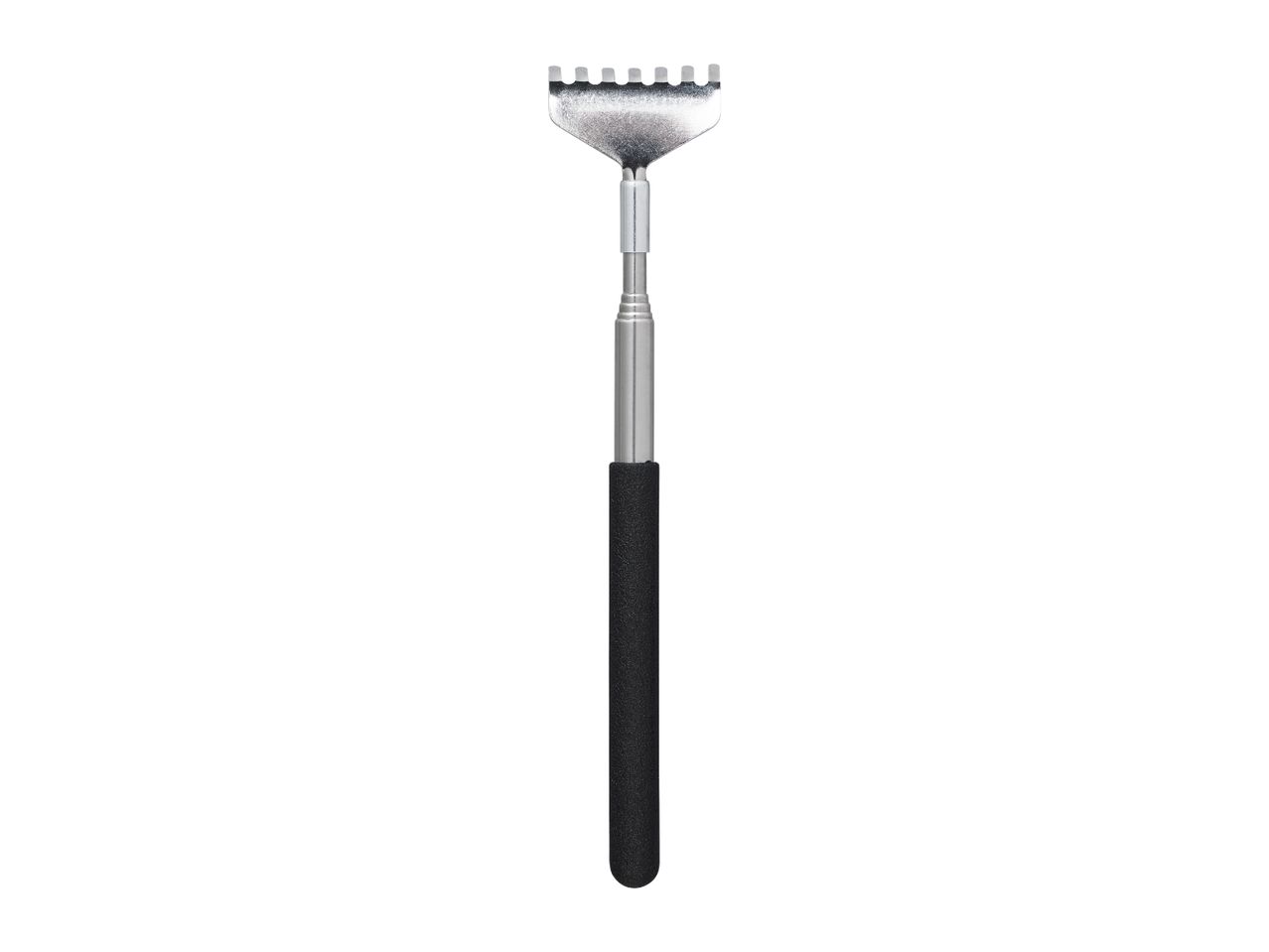Telescopic back scratcher with a metal head and black textured handle.