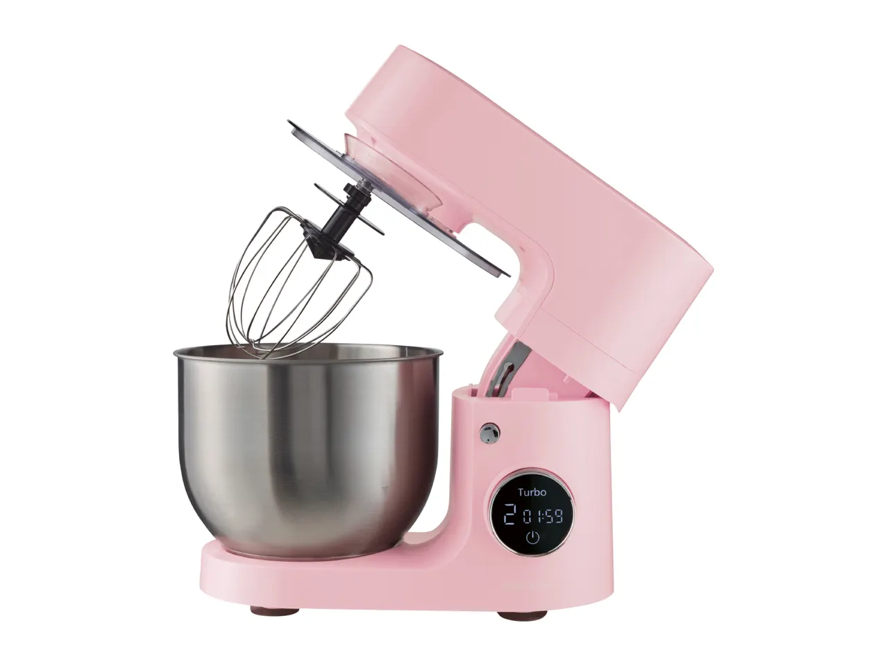 Pink stand mixer with a stainless steel bowl and whisk attachment, tilted upwards.