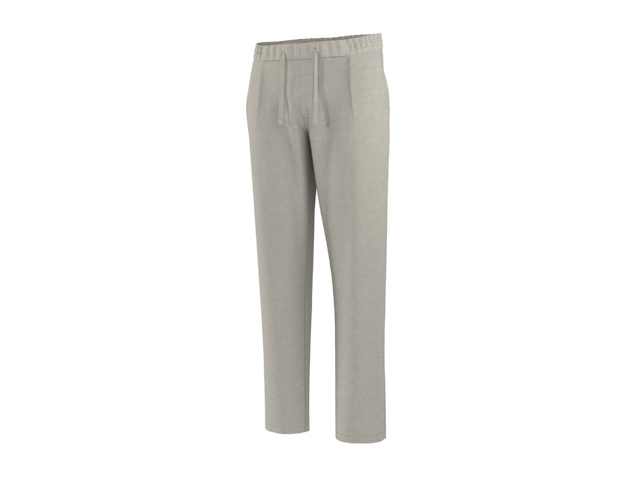 Light grey men's casual trousers with a drawstring waist, made from a textured fabric.
