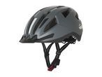 Grey bicycle helmet with black straps and a red buckle