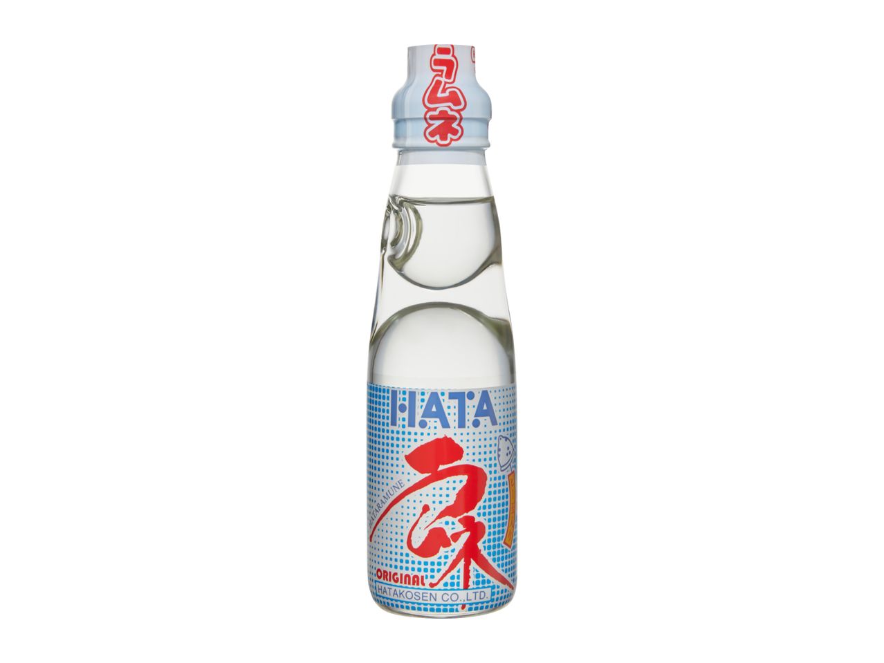 A clear glass bottle of HATA Ramune soda with a blue and red label on a white background.