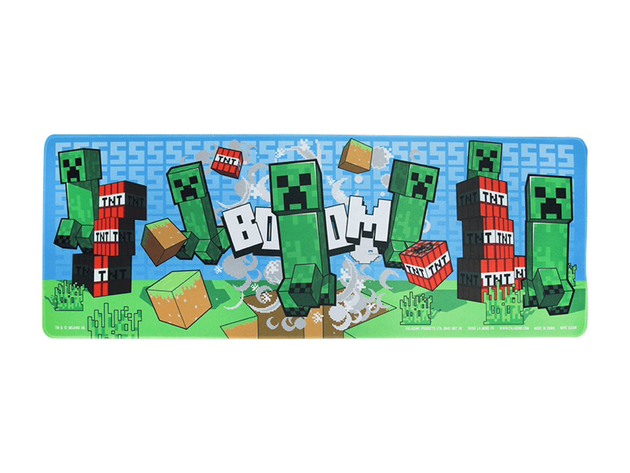 Schreibtischunterlage im Videospiel-Design mit grünen Figuren, TNT-Blöcken und dem Wort „BOOM“.