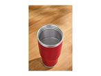 Red insulated tumbler on a wooden surface