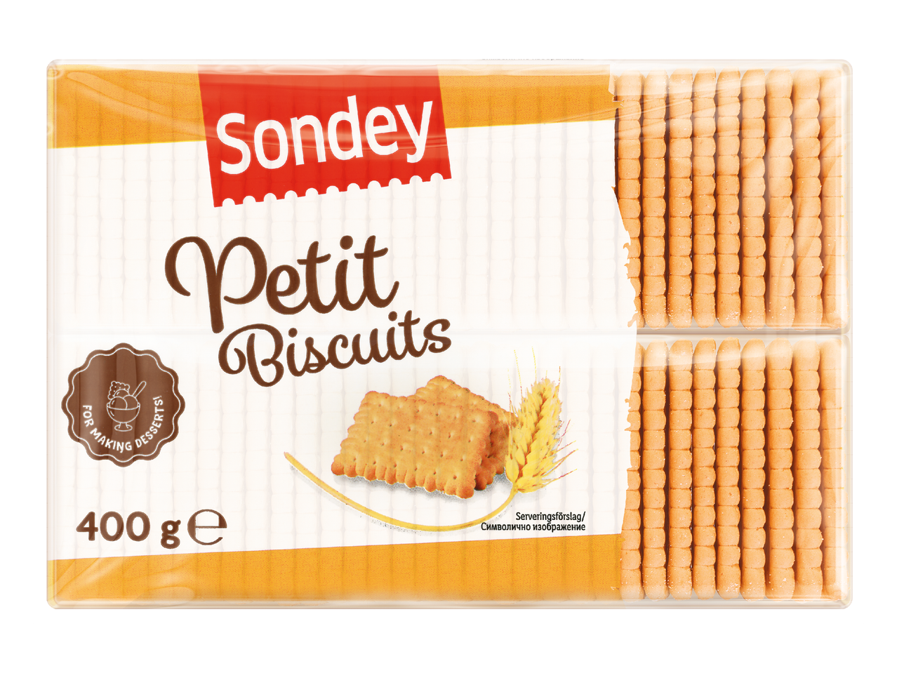 Опаковка бисквити Petit Biscuits, 400 гр, с илюстрация на бисквити и пшеница.