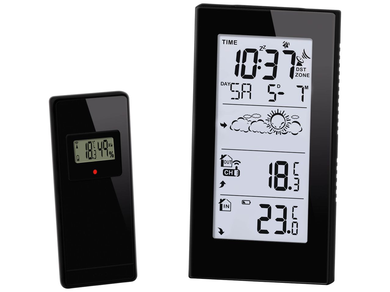 Station météo sans fil avec écran LCD et capteur externe.