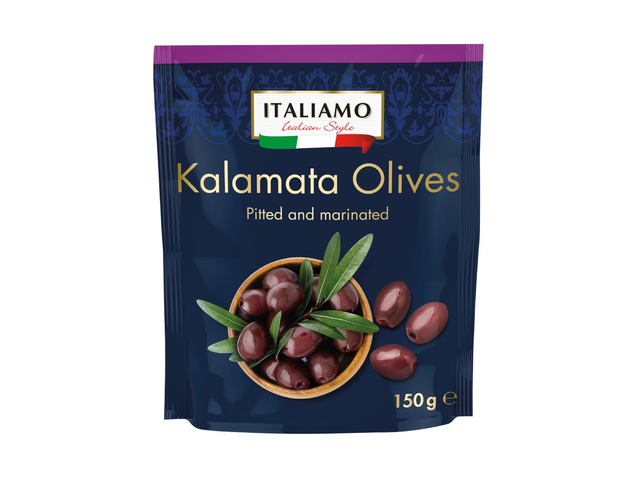 Pouch of pitted and marinated Kalamata olives with olive leaves, 150g.