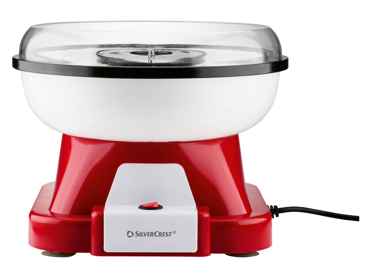 Red and white cotton candy machine with a clear lid and a red power switch.