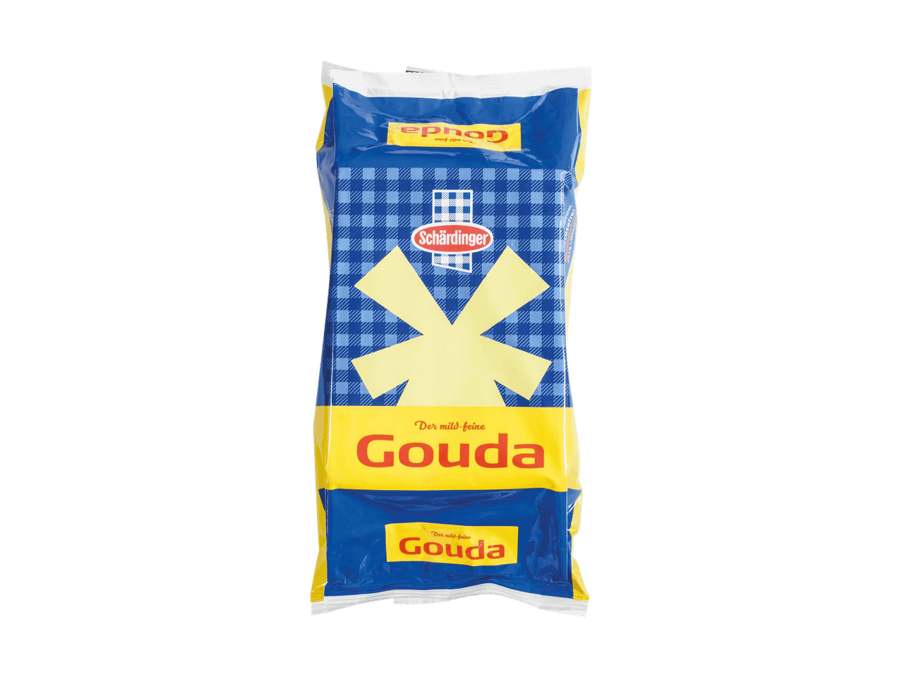 Schärdinger Gouda Käse in blauer und gelber Verpackung mit Karomuster.