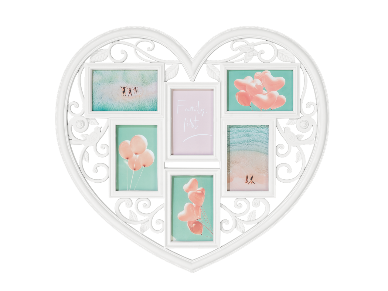 White heart-shaped frame with family photos and balloons.