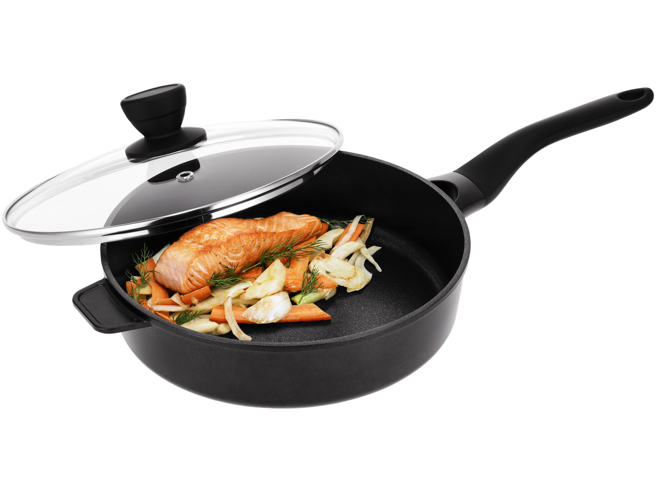 Silvercrest® Aluguss-Schmorpfanne lõhe ja köögiviljadega, kaanega.