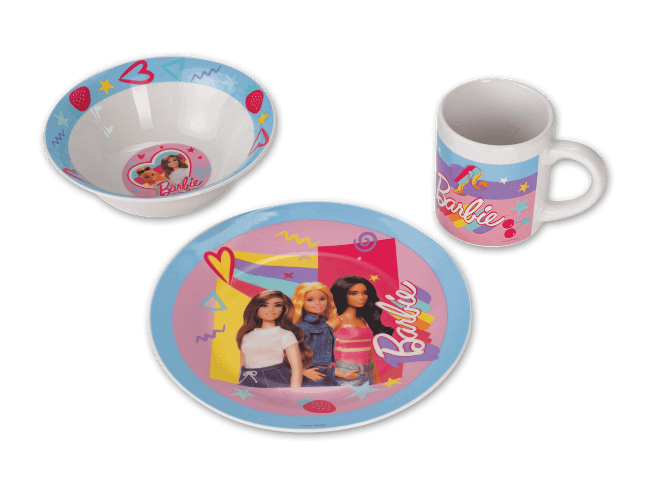 Barbie-Geschirrset mit Schüssel, Teller und Tasse, verziert mit Barbie-Puppen und dem Barbie-Logo.
