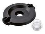 Black food processor lid with a clear measuring cup on a white background.