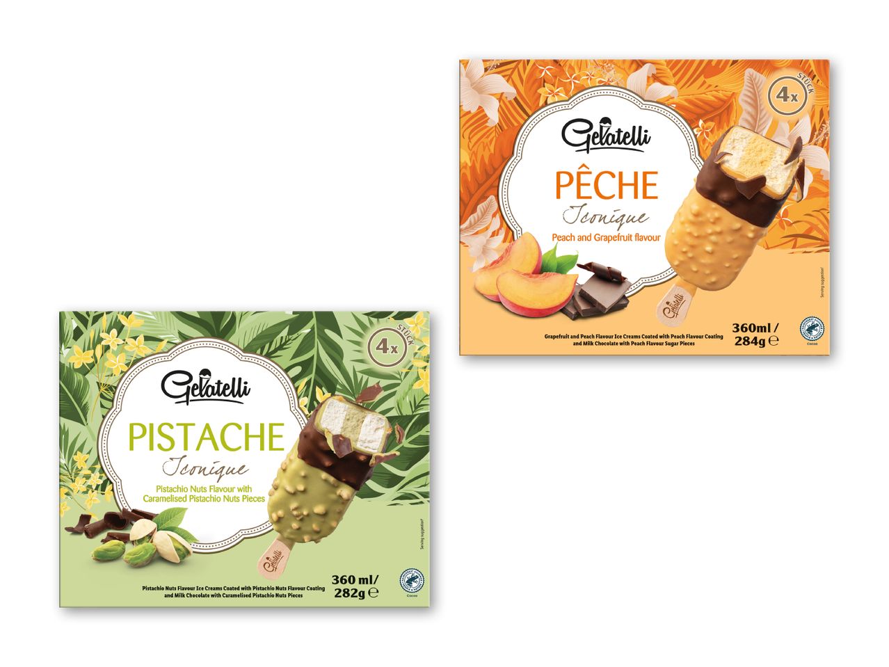 To pakker is: en pistacieis med nødder og en fersken- og grapefrugtis, begge med chokoladeovertræk.