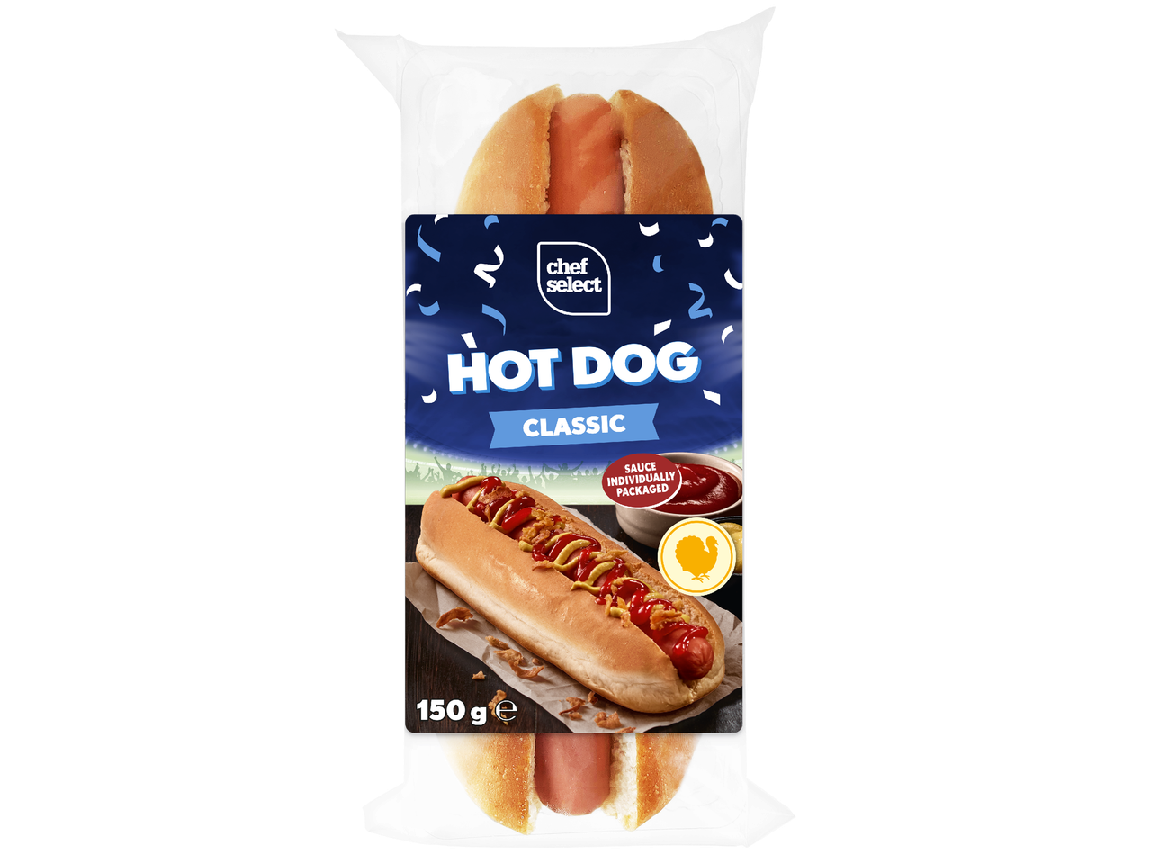 Опакован хотдог с надпис „HOT DOG CLASSIC“, сос и 150 гр.