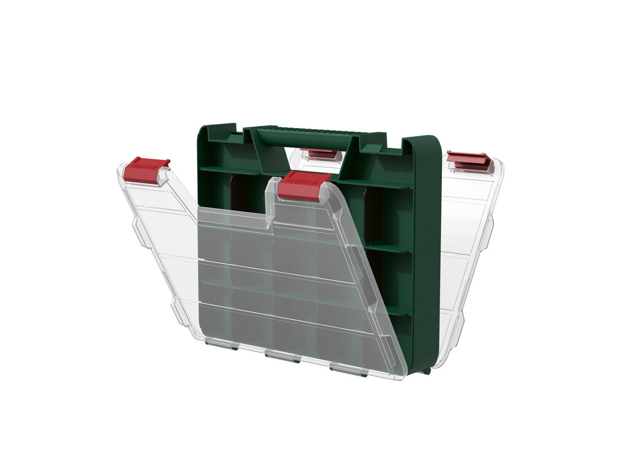 Caixa de ferramentas verde PARKSIDE aberta com tampas transparentes e fechos vermelhos.