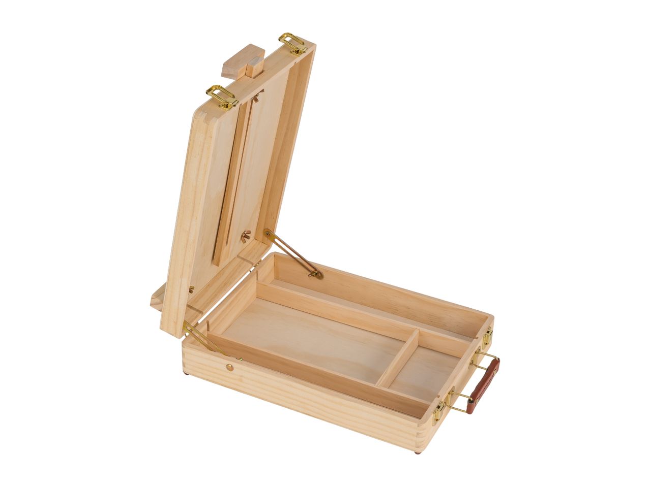 Open wooden artist's easel box with compartments and a handle.