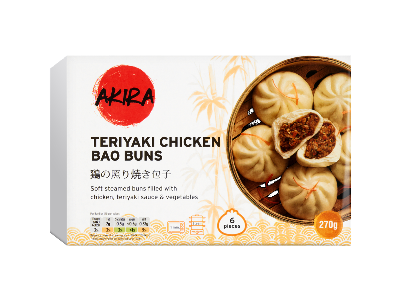Pãezinhos Bao de Frango Teriyaki Akira: 6 pãezinhos macios cozidos no vapor, recheados com frango, molho teriyaki e vegetais.