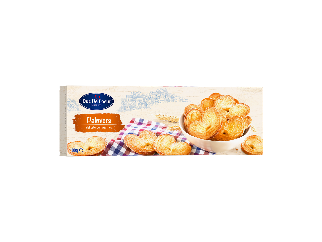 Duc de Coeur Palmiers: produse de patiserie delicate din foietaj într-o cutie, cu un bol și spice de grâu.