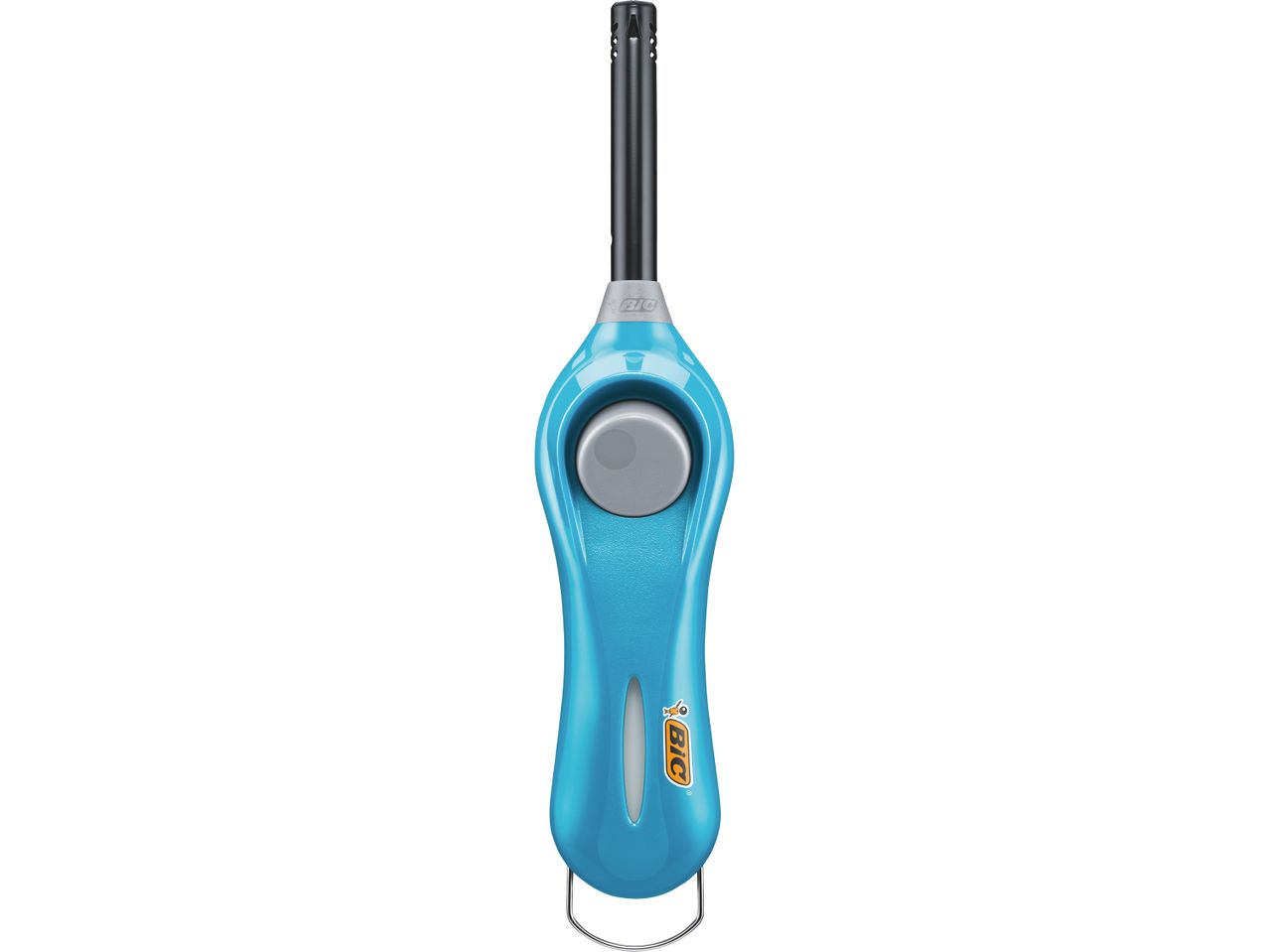 A blue, handheld gas lighter with a push-button ignition.