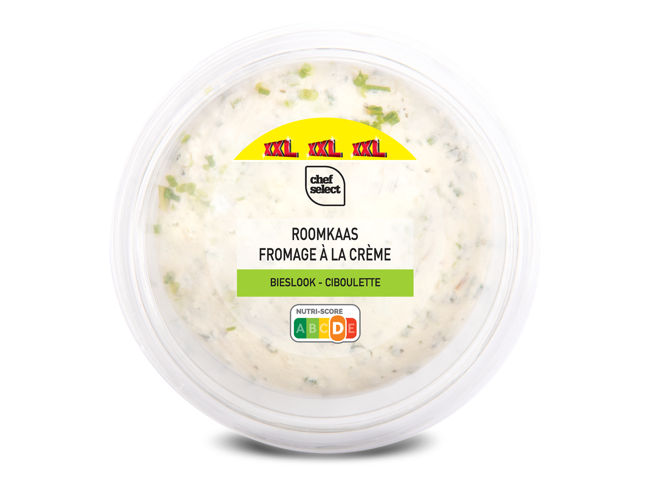 Roomkaas met bieslook in een ronde verpakking, met XXL-label en Nutri-Score C.