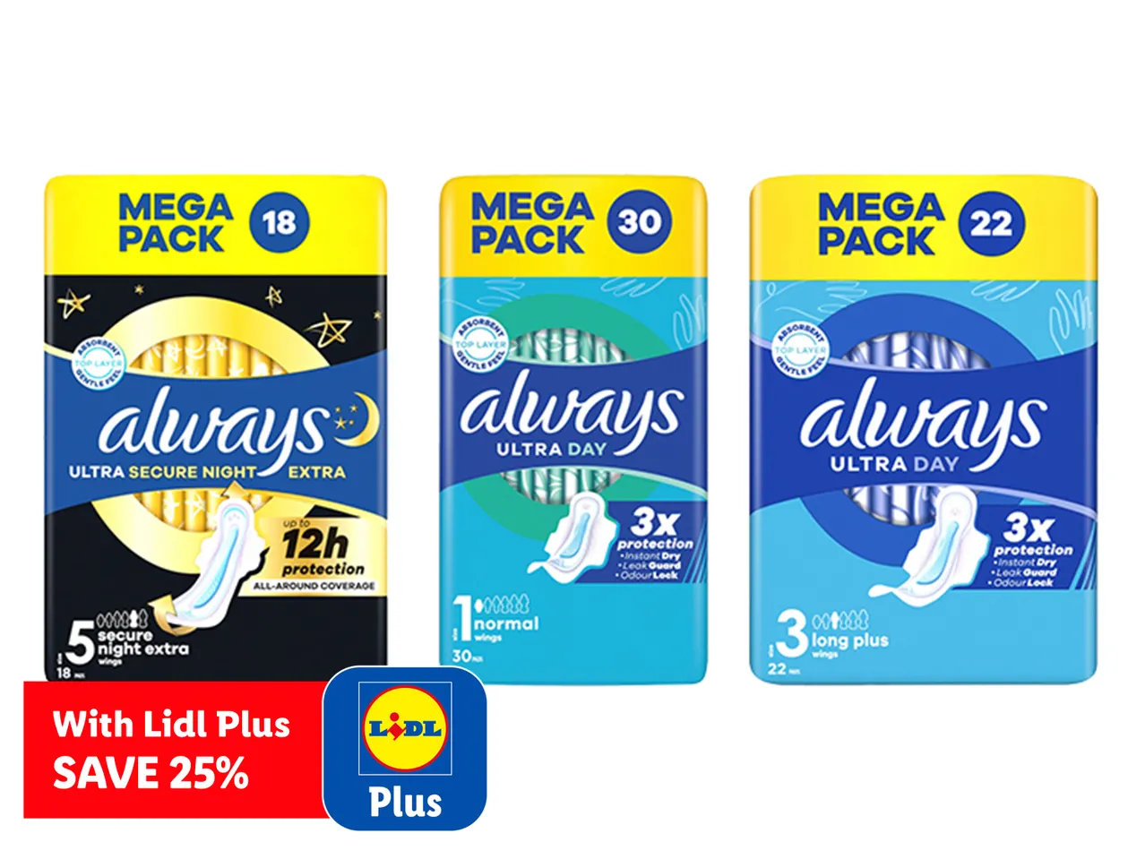 Always Ultra sanitary pads in Mega Packs, with a Lidl Plus discount offer.
