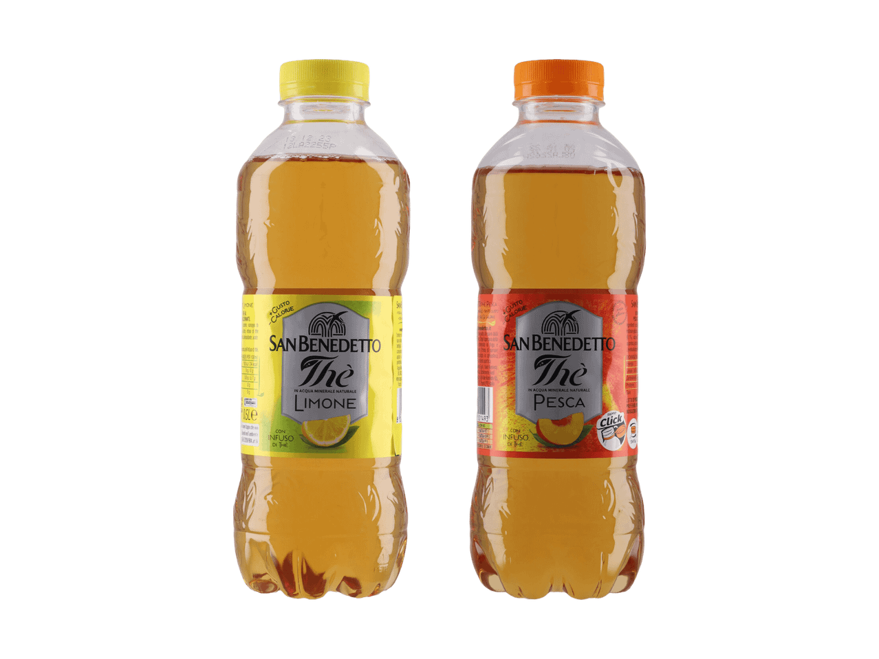 Deux bouteilles de thé glacé San Benedetto, saveurs citron et pêche.