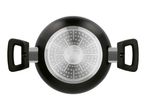 Bottom view of a black cooking pot with two handles and a silver induction base.