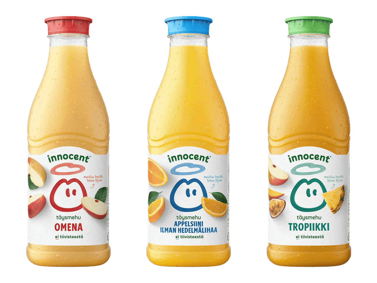 Kolme pulloa Innocent-täysmehua: omena, appelsiini ja trooppinen.
