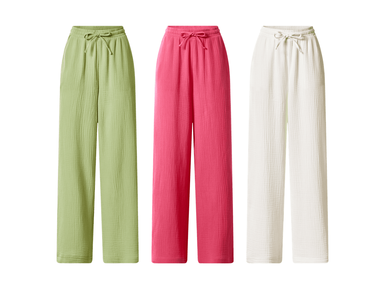 Trois pantalons amples verts, roses et blancs avec cordon de serrage.