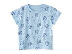 Light blue short-sleeved baby t-shirt with a shark and fish pattern.