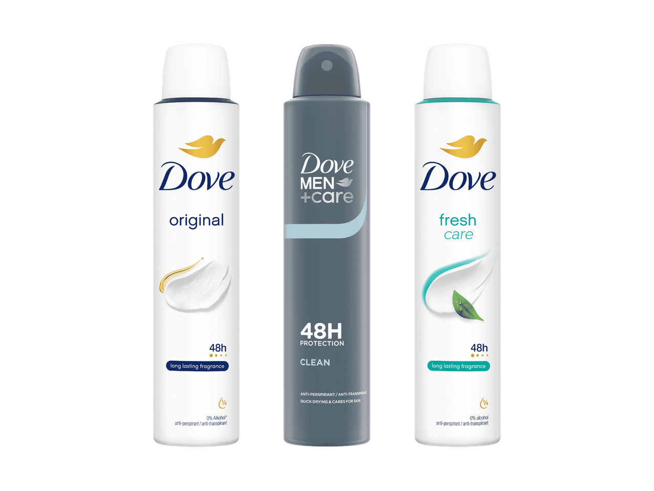 Drei Deodorant-Sprays: zwei weiße für Damen (Original, Fresh Care) und ein graues für Herren (Clean), alle mit 48h Schutz.