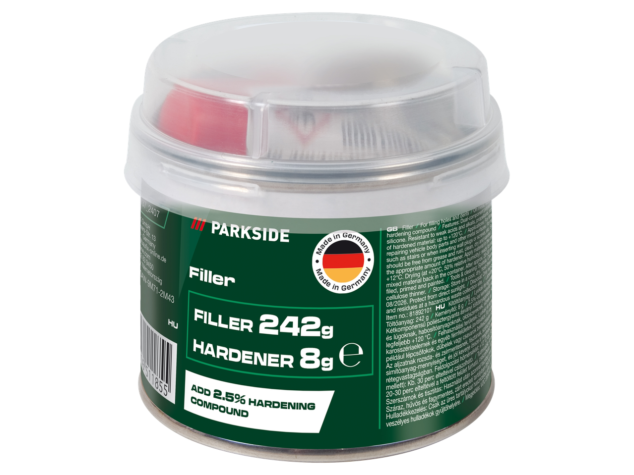 Fehér műanyag edény töltőanyaggal és keményítővel, német gyártmányú címkével.