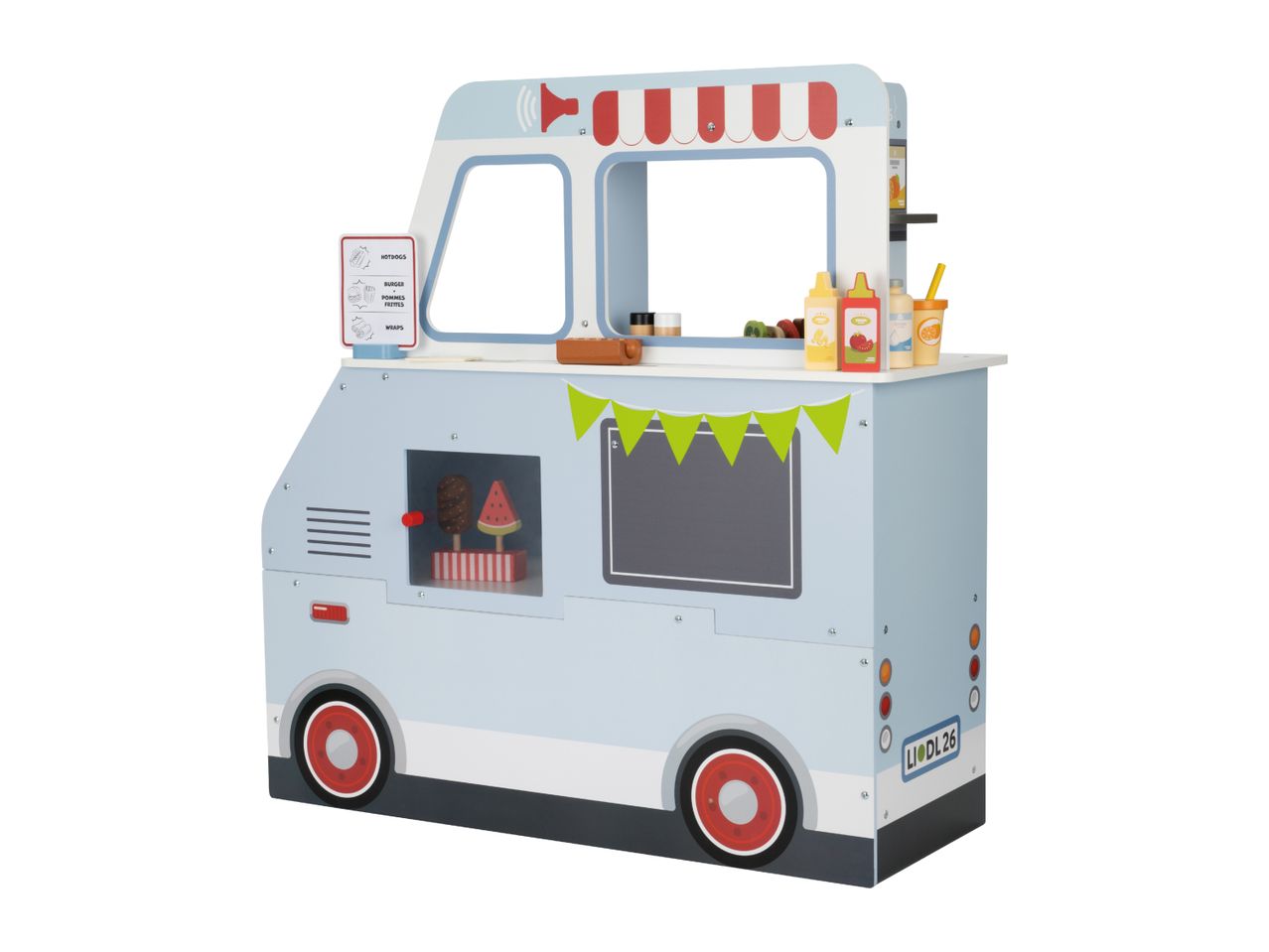 Toy food truck with a menu board, condiments, and play food like hotdogs, burgers, and ice cream.