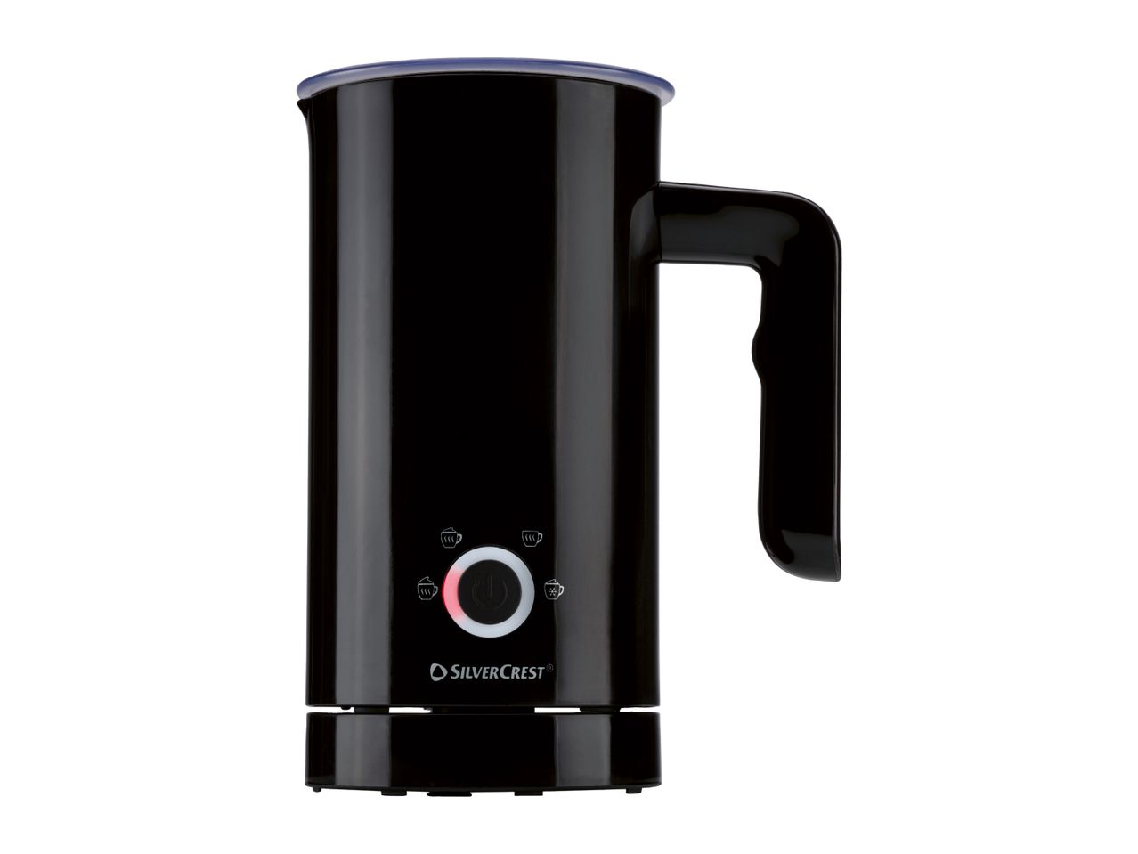 Black milk frother with a handle and control buttons, including a power button and various frothing settings.