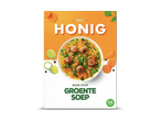 Verpakking voor groentesoep met gehaktballetjes, wortel en prei, met de tekst 'Basis voor Groentesoep' en '06 pers'.