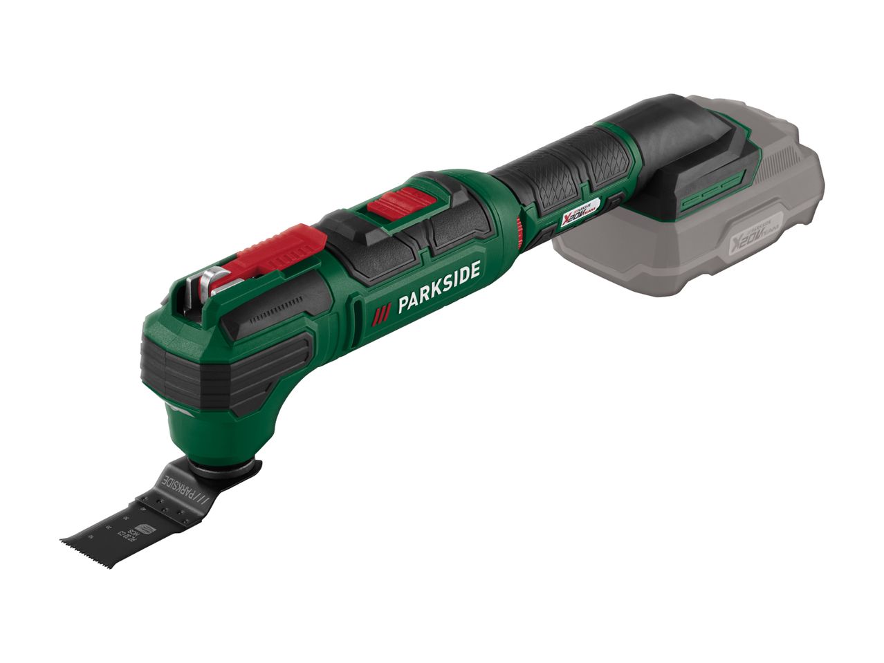 En Parkside X20V Team batteridrevet multiværktøj med et savblad.
