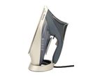 Cordless steam iron in grey and gold, standing upright on its charging base.