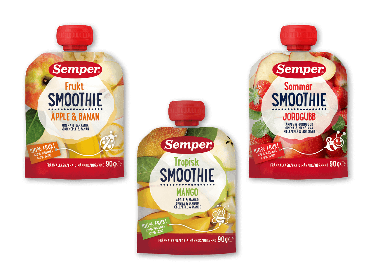 Tre frugtsmoothies til babyer i klemposer: æble & banan, tropisk mango og sommerjordbær.