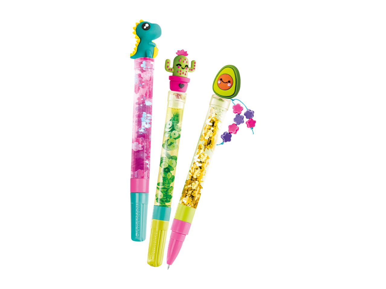 Three glitter pens with dinosaur, cactus, and avocado toppers, with 'Clementoni' text.