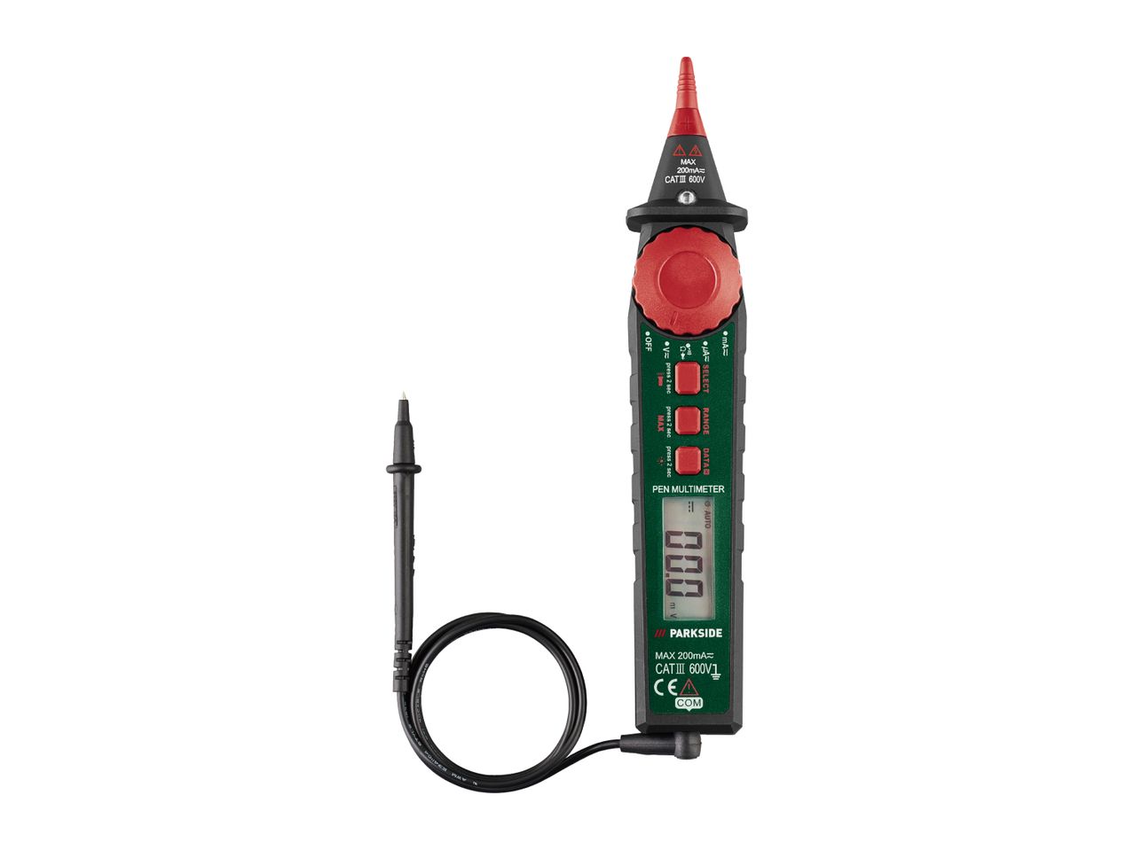 A Parkside pen multimeter with a black body, red dial, and a connected black probe.