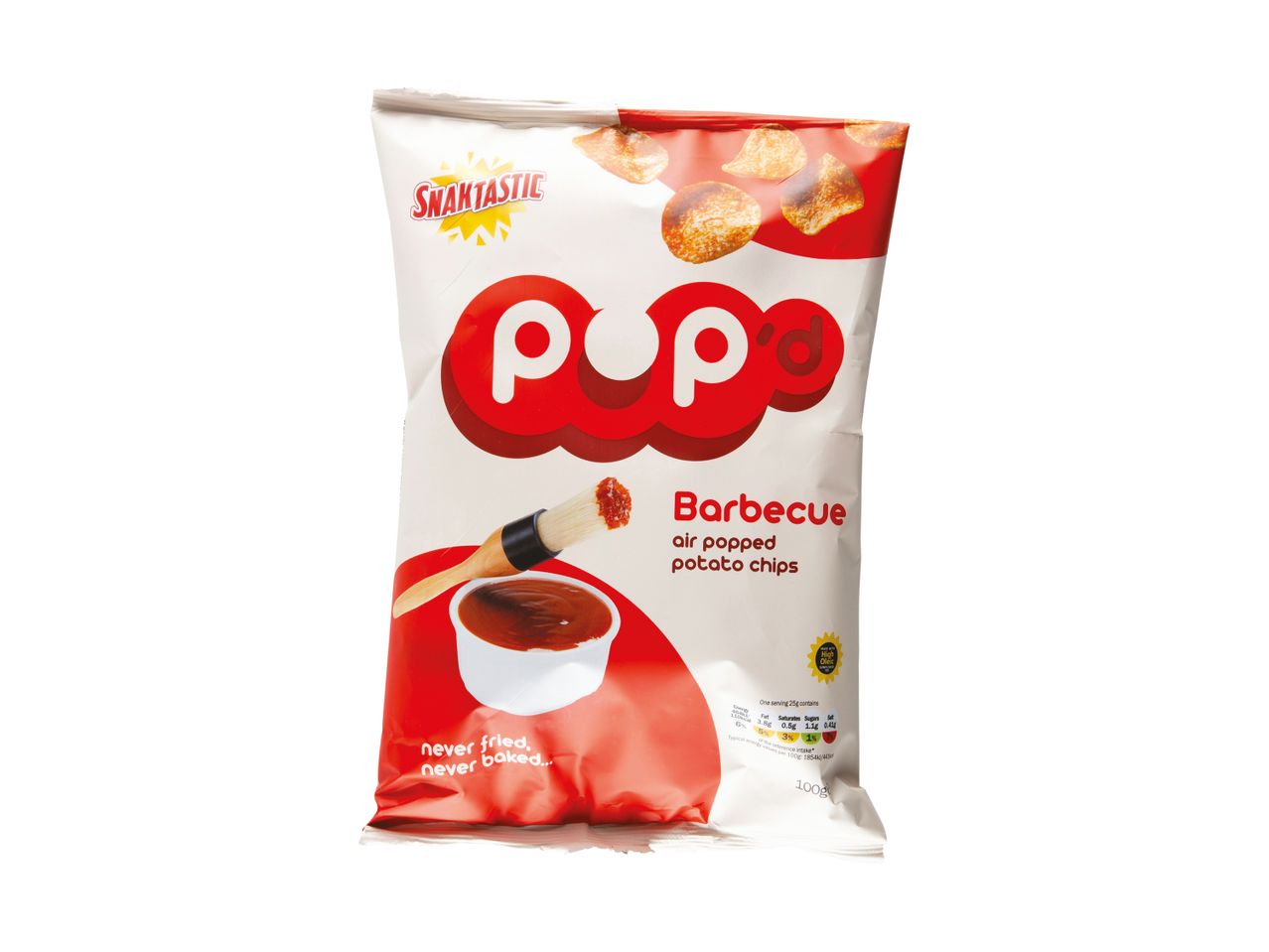 Barbecue air-popped potato chips in a white and red bag with a brush dipping into sauce.