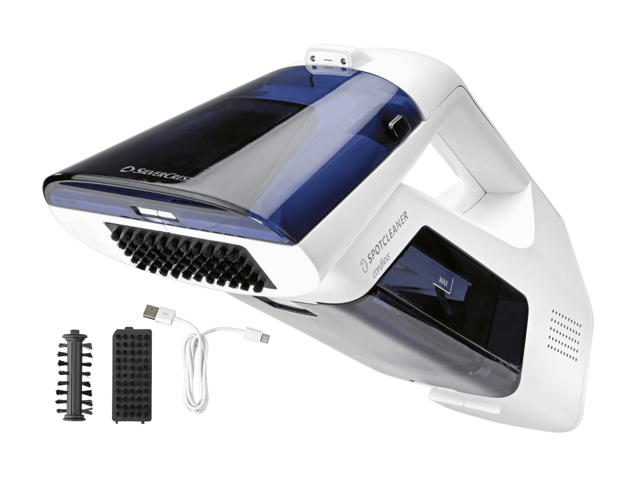 Aspirateur à main blanc et bleu avec accessoires et câble de chargement USB.