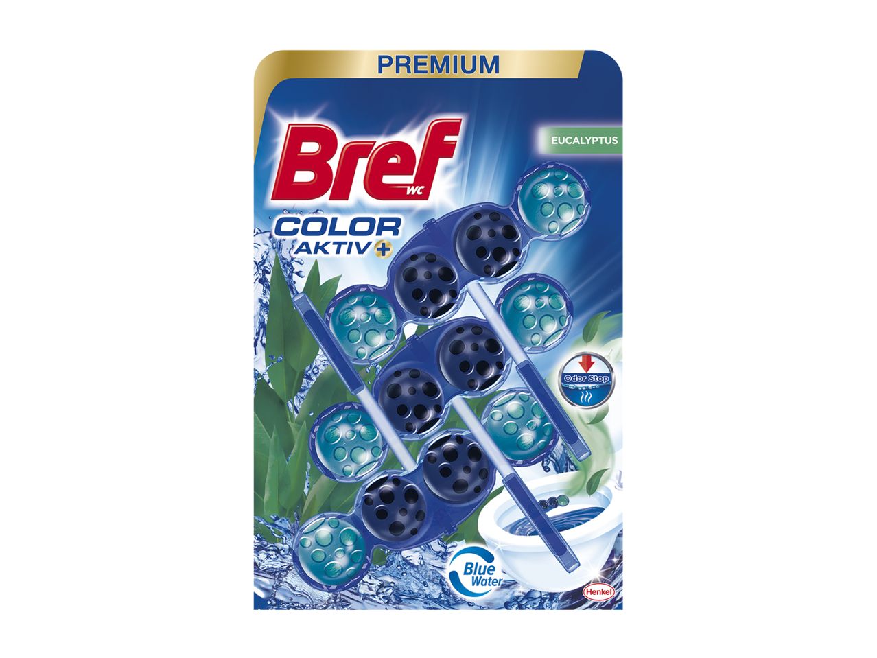 Bref WC Color Aktiv+ tualetes poda tīrītājs ar eikalipta smaržu un zilu ūdeni.