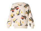 Kids' cream sweatshirt with a colorful construction vehicle pattern, including excavators and dump trucks.