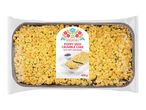 Poppy seed crumble cake in a clear plastic package, with a label showing two slices of cake and a bowl of poppy seeds. The label also states '400 g'.
