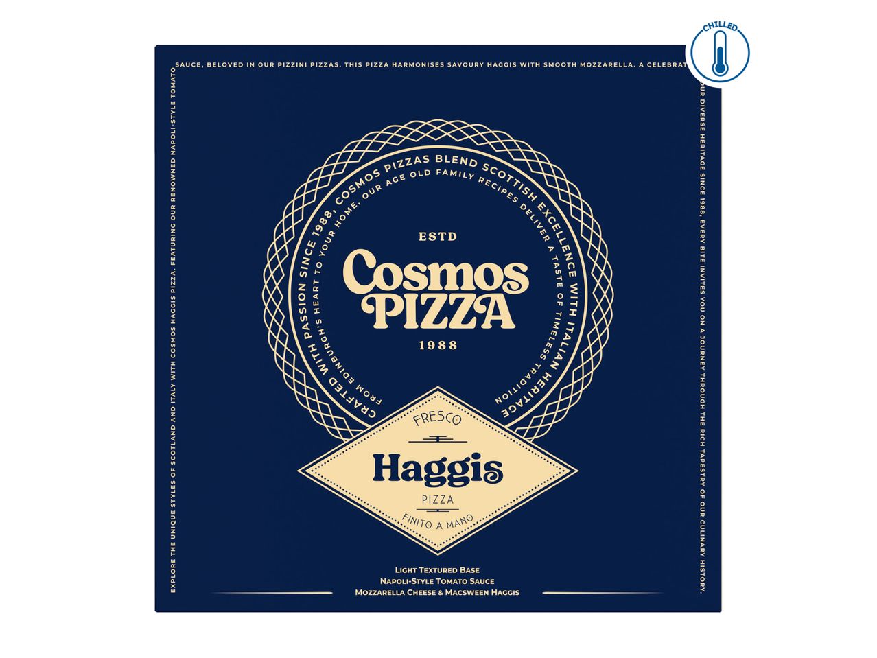 Cosmos Pizza Haggis Pizza packaging with a vintage design and text about its heritage.